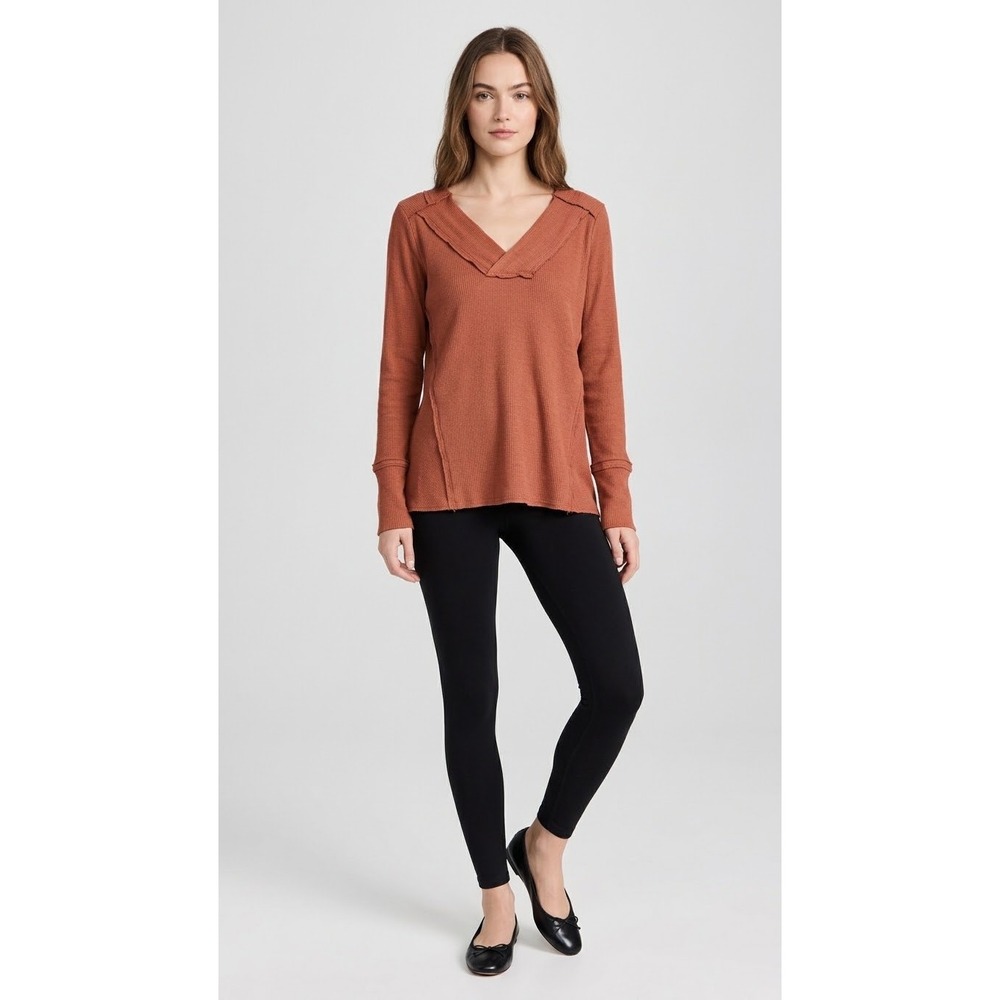 Natural Reflections Ribbed V-Neck Top Rust Orange Long Sleeve Women Large